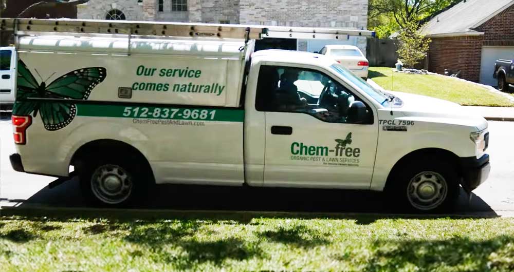 a white, pest control truck with a ladder on the top and a green butterfly sticker on the side
