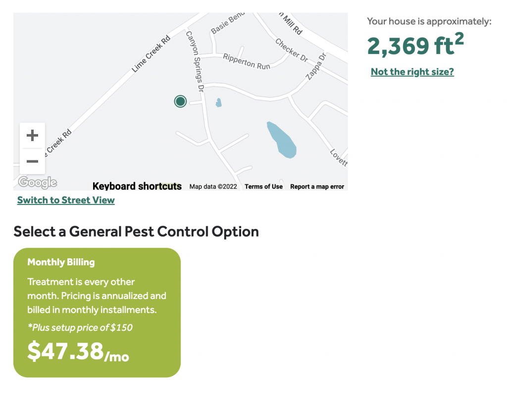 Screenshot of a general pest control option based on price per sq ft in Click to Buy.