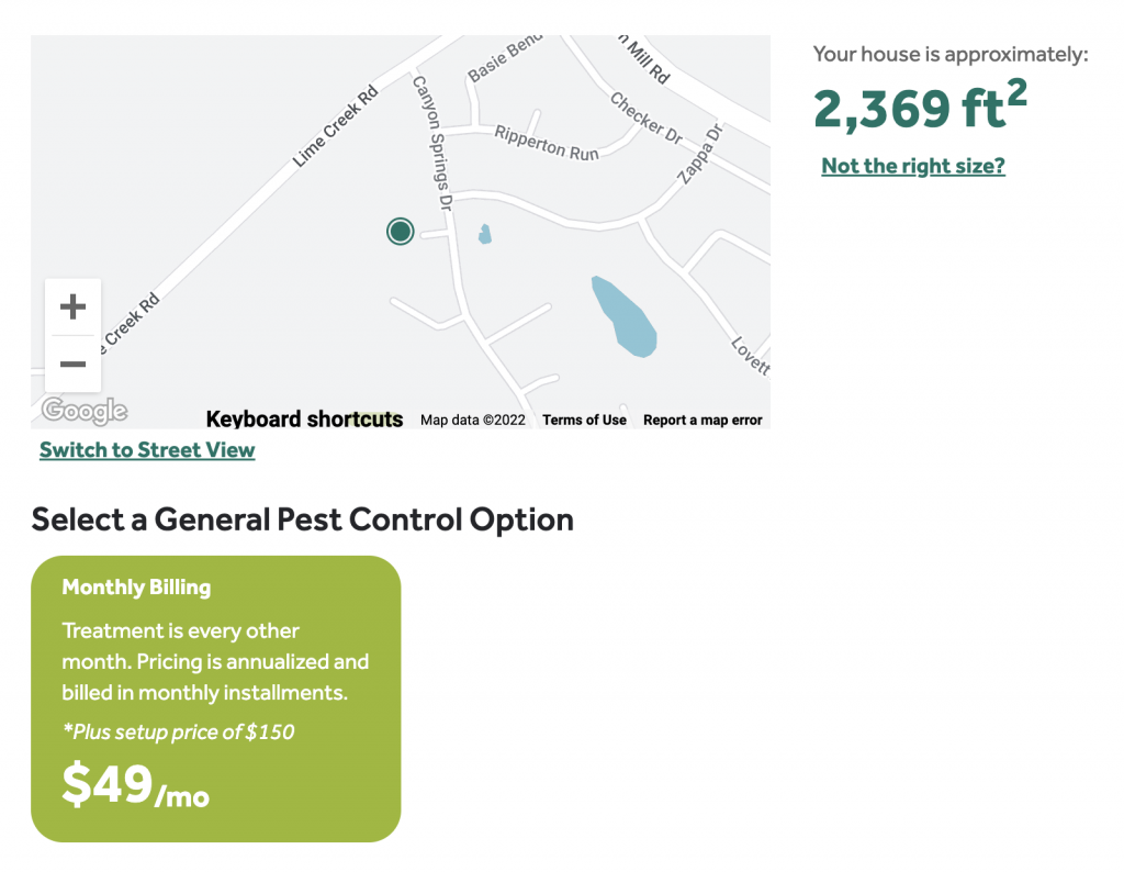 Screenshot of a general pest control option based on a sq ft pricing matrix in Click to Buy.