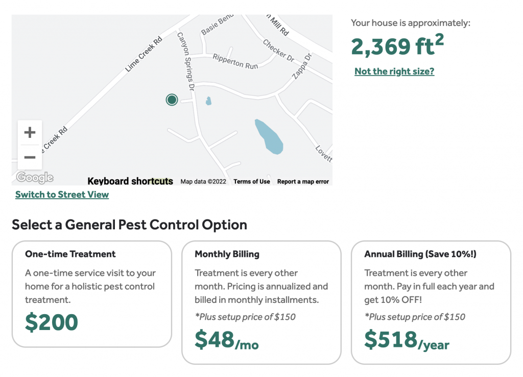 Screenshot of a one-time, quarterly, and discounted annual pest control program options in Click to Buy.