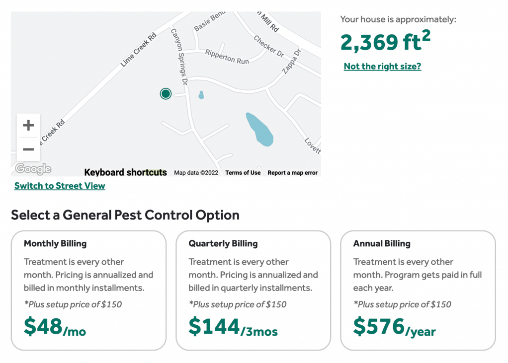 Screenshot of monthly, quarterly, and annual pest control program options in Click to Buy.