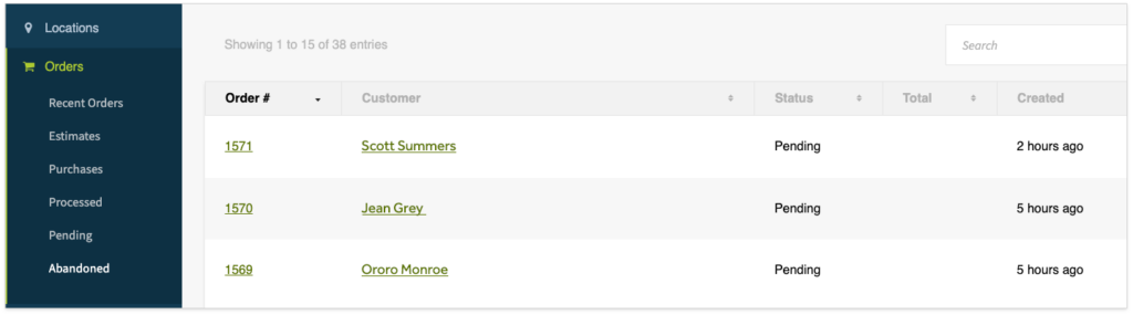 Click to Buy Admin view of Sales Abandonments