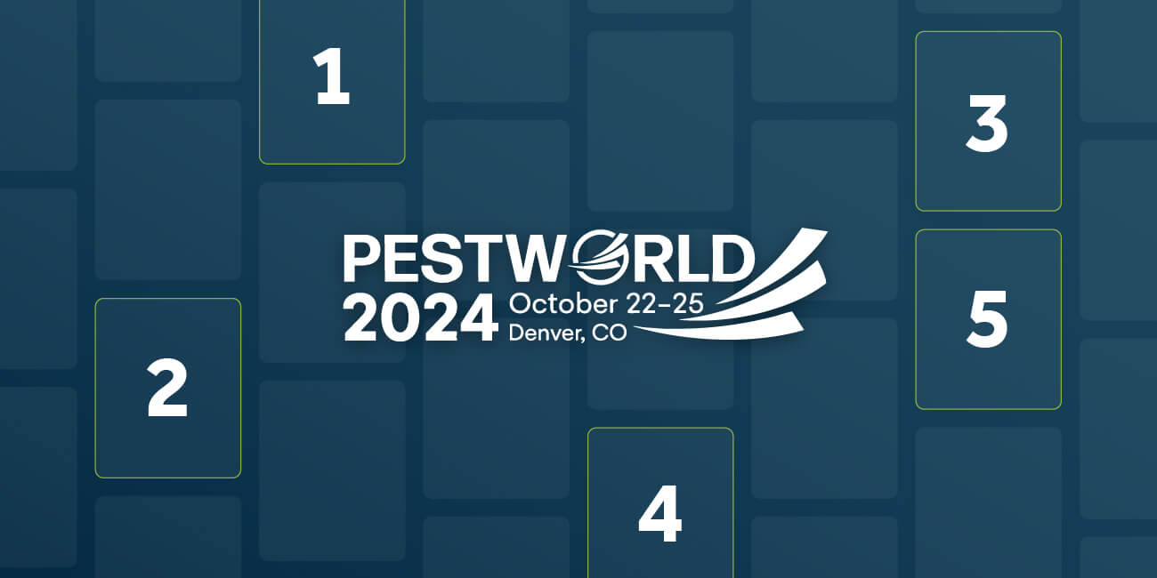 pest world logo displayed on a blue patterned background with numbers 1 to 5