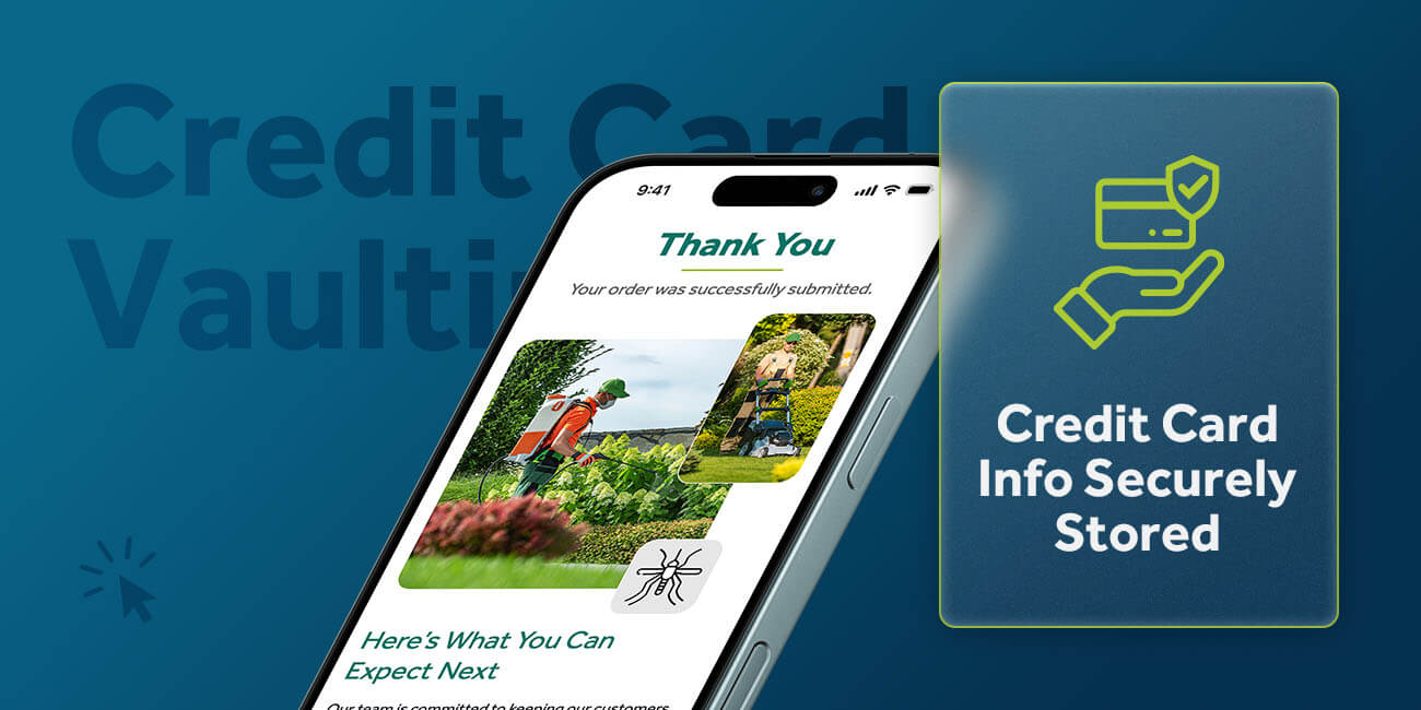 A phone displaying a thank you page next to a pop-up that says "credit card info securely stored."