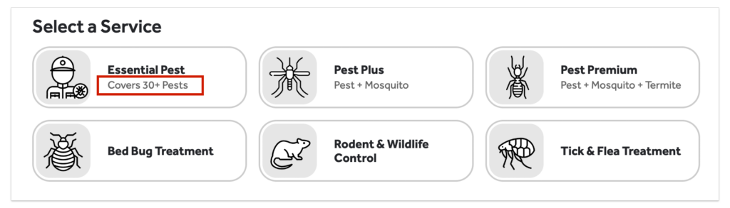view of service buttons for pest control service bundles demonstrating smaller descriptive text