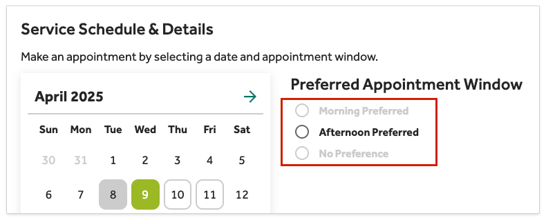 Click to Buy calendar and appointment window with Afternoon Preferred highlighted showing while the other two options are disabled.