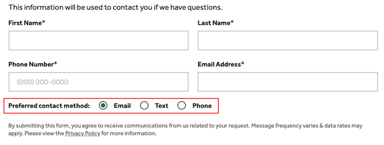 Highlighted example of Click to Buy's adjustable preferred contact method.