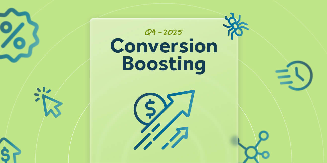 A stylized green background with fading concentric circles and icons that represent a boosted conversion rate
