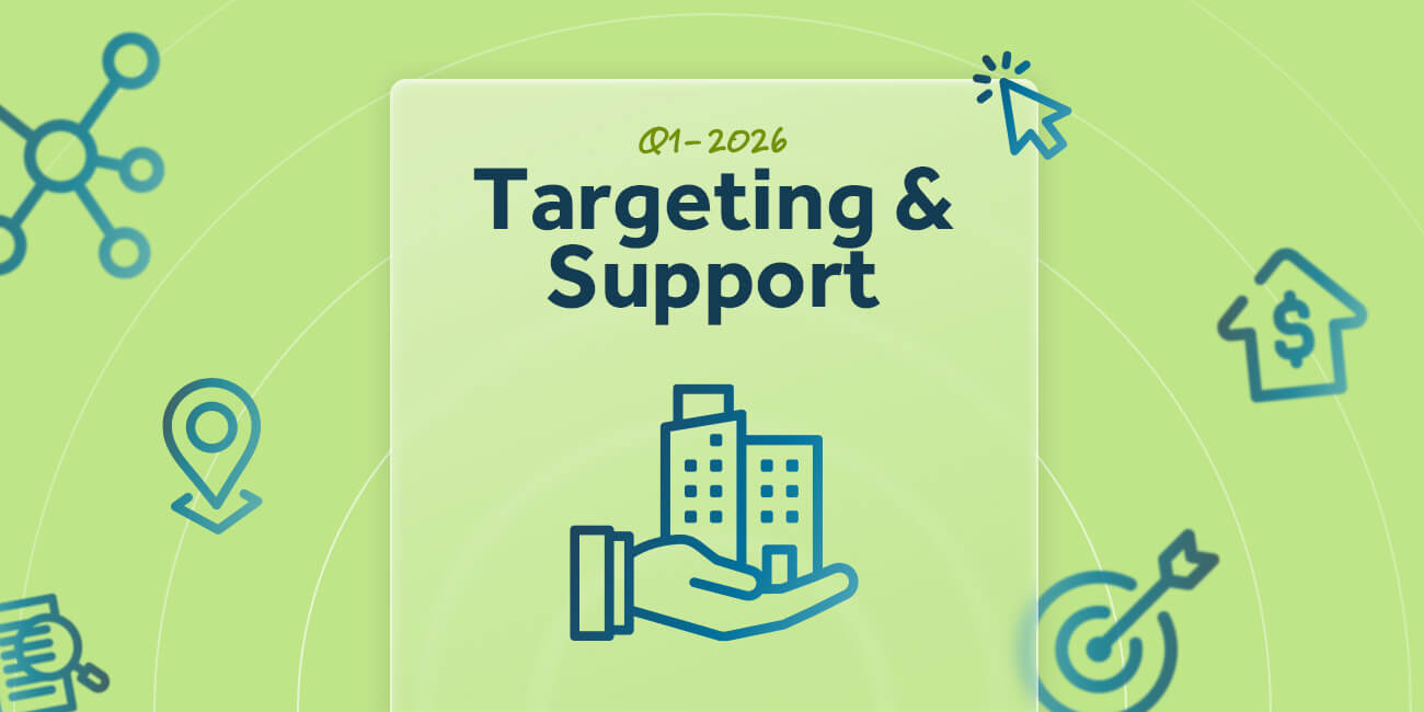 Illustration representing Q1 2026 product updates focused on Targeting & Support, featuring an icon of a hand holding a building.