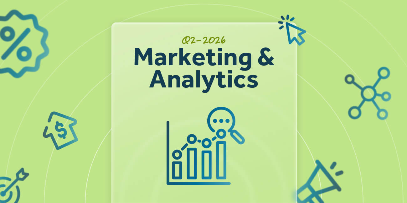 Illustration representing Q2 2026 product updates focused on Marketing & Analytics, featuring a bar chart with a magnifying glass icon.