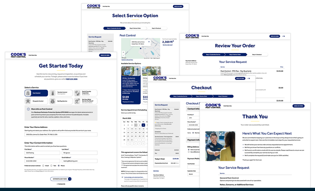 Screenshots of the Click to Buy Experience for Cook's Pest